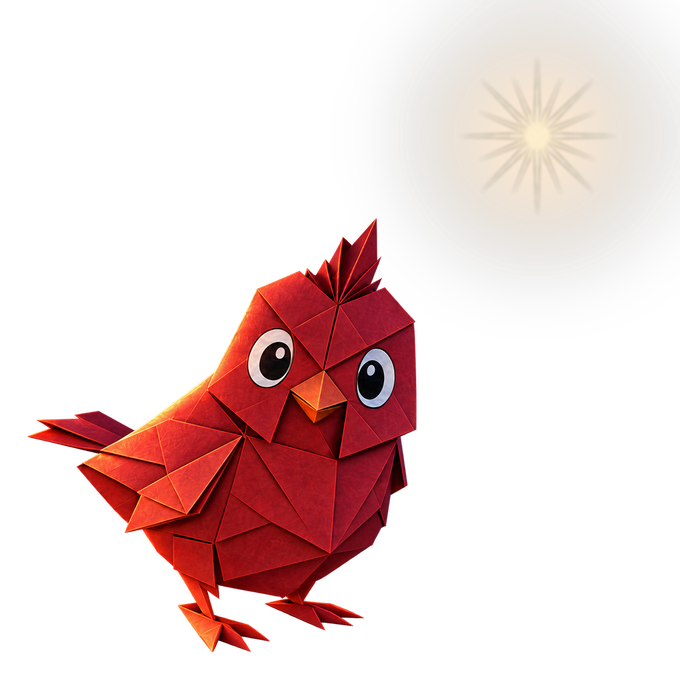Ember, the origami cardinal, with a glowing Moravian star
